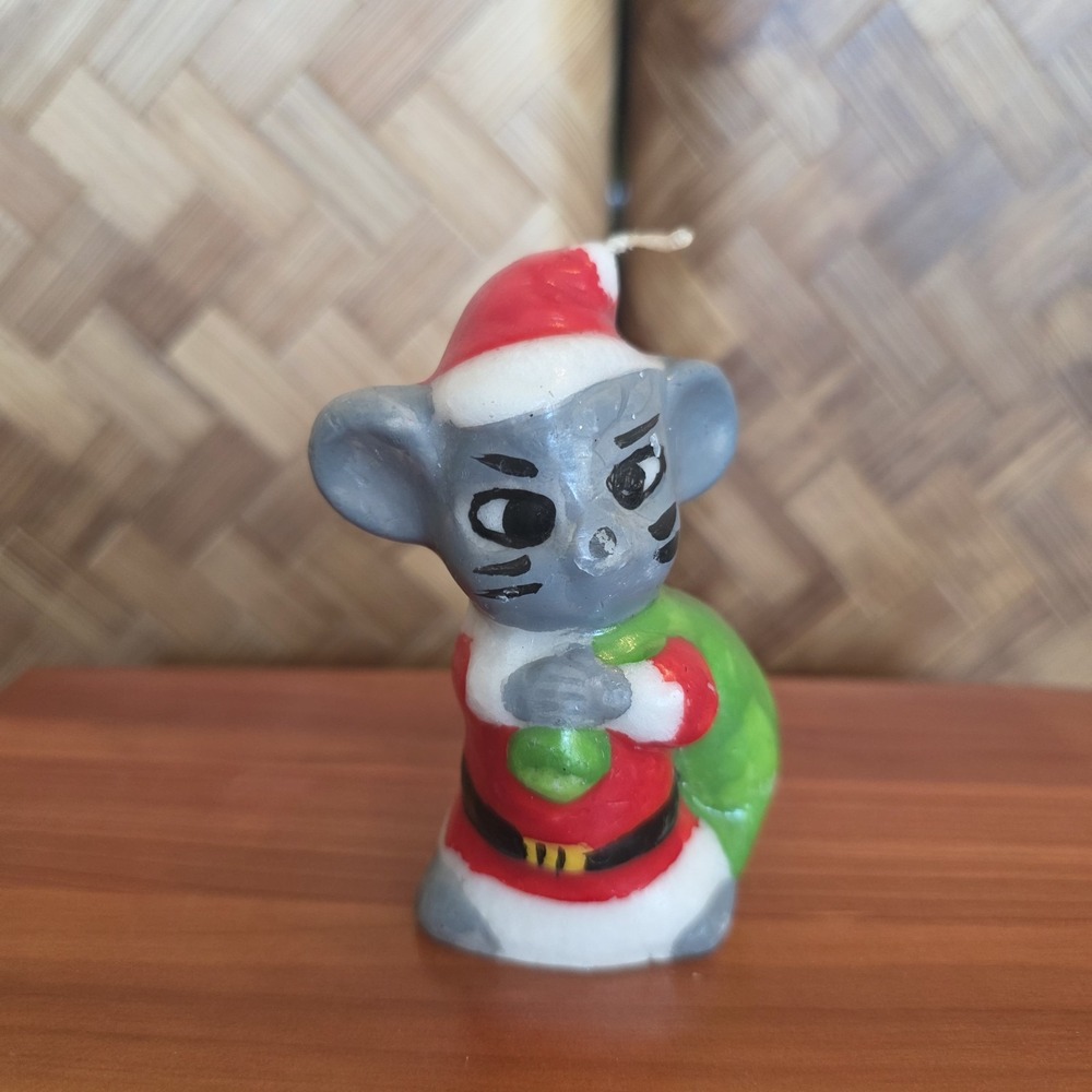 Vintage Christmas Candle Mouse Holding Santa's Bag Retro Wax Holiday Decor 3.5"